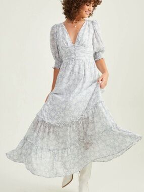 Altar'd State Pale Blue Floral Maxi Dress with Puff Sleeves